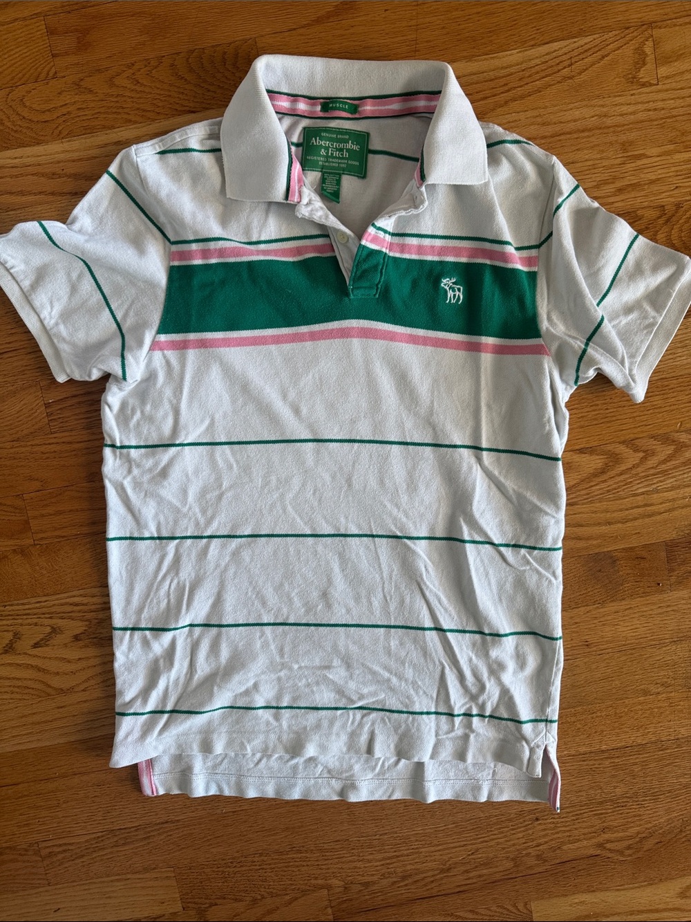 Abercrombie & Fitch Y2K White Polo with Green and Pink Stripe Panel